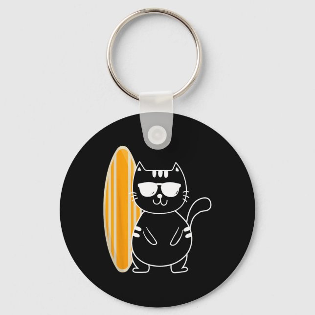 Porte-clés Chat surfeur - Planche de surf sur la plage Océan  (Recto)