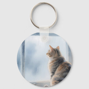 Porte-clés Chat Tigré Aquarelle Fenêtre Pluvieuse