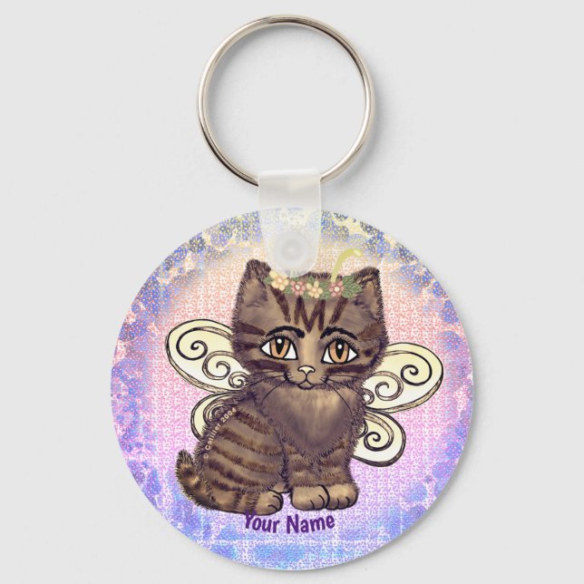 Porte-clés Chat tigré brun Fée  (Recto)
