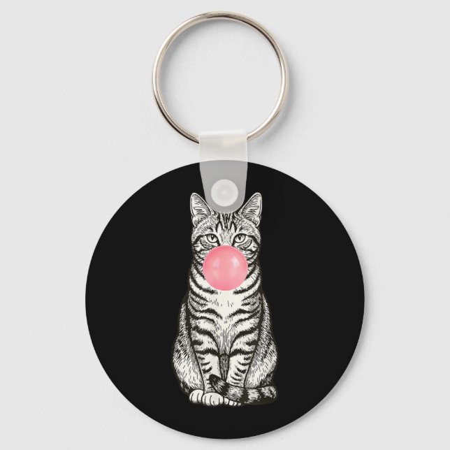 Porte-clés Chat tigré bubble gum mignon drôle soufflant du ro (Recto)