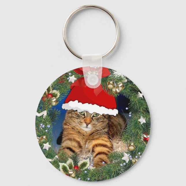 Porte-clés chat tigré mignon de Noël (Recto)