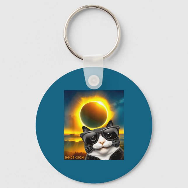 Porte-clés Chat Tuxedo de Totalité d'Éclipse Solaire (Recto)