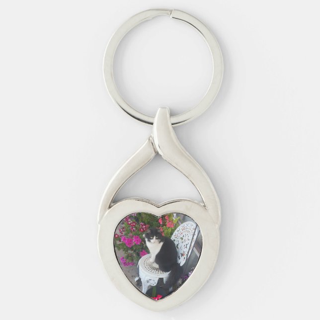 Porte-clés Chat Tuxedo Mignon avec de Jolis Fleurs Chats Noir (Devant)