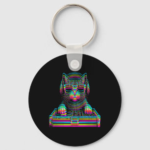 Porte-clés Chat Vaporwave Dj Techno Rave Musique Edm Concert