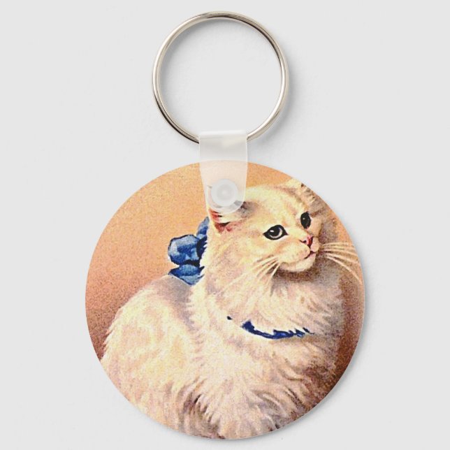 Porte-clés Chat vintage avec Bleu Bow (Recto)