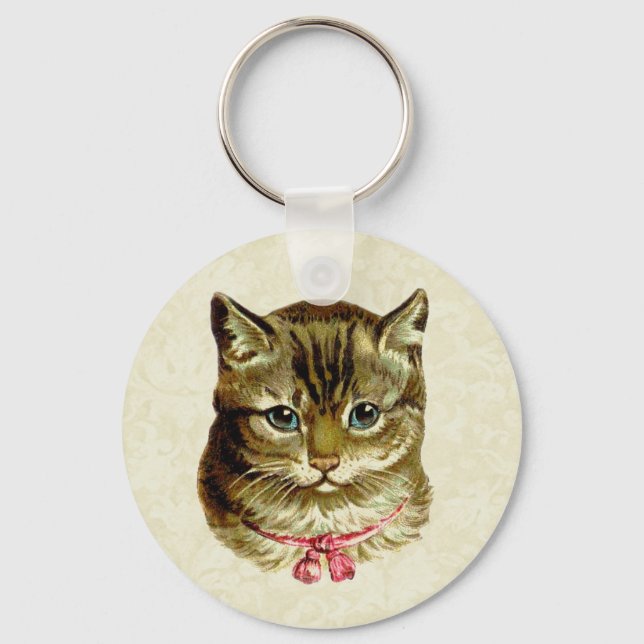 Porte-clés Chat vintage avec chou rose (Recto)