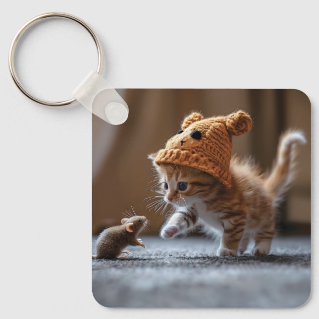 Porte-clés Chaton jouant avec une petite souris (Recto)