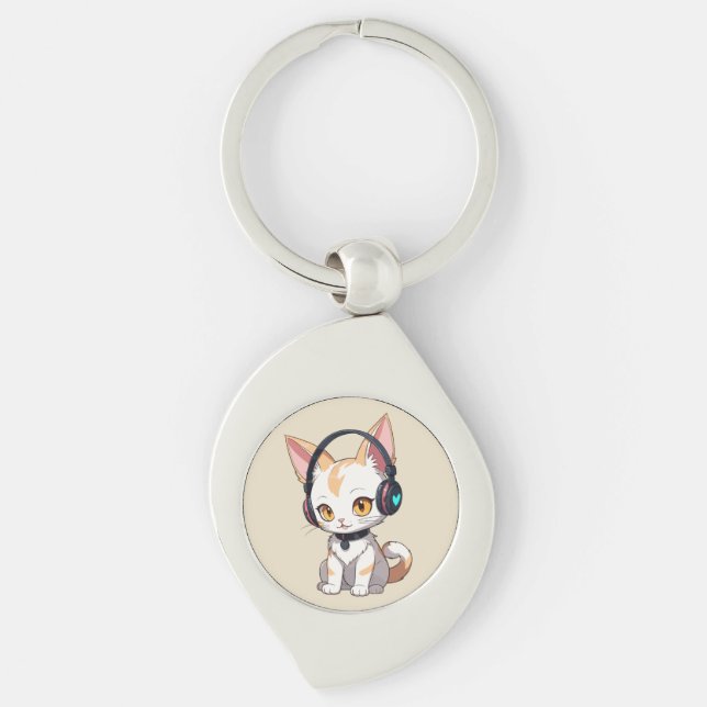Porte-clés Chaton Kawaii avec casque à balancier (Devant)