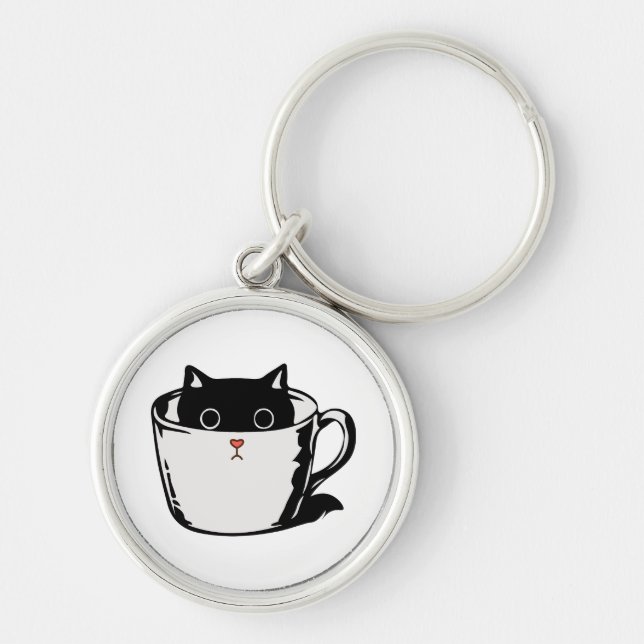 Porte-clés Chaton noir avec nez rouge caché dans une tasse (Devant)