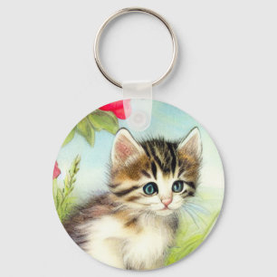 Porte-clés Chaton vintage blanc et Brown avec fleurs