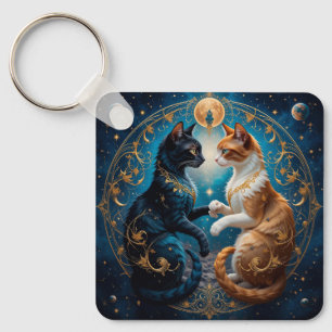 Porte-clés Chats célestes dans l'art cosmique avec or et bleu