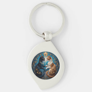 Porte-clés Chats célestes dans l'art cosmique avec or et bleu