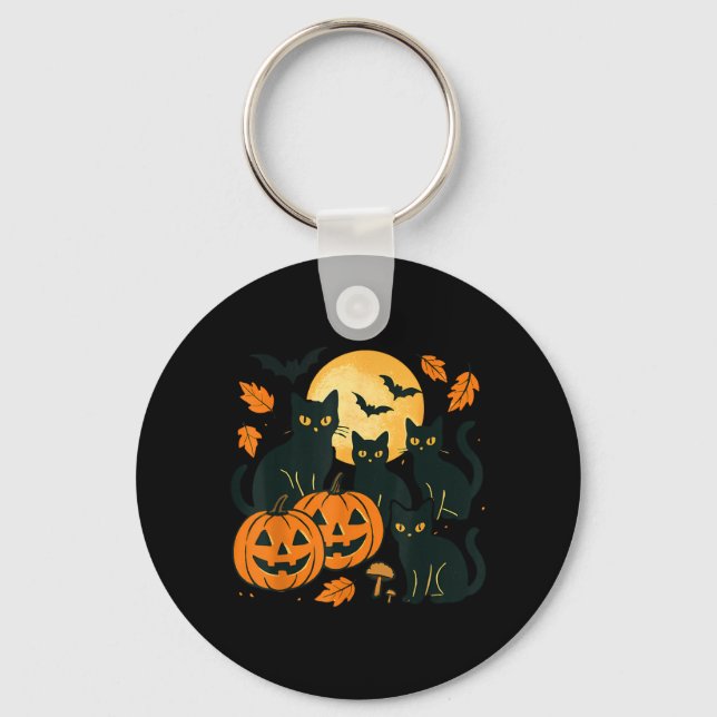 Porte-clés Chats noirs avec citrouilles Jack O Lanterns lune  (Recto)