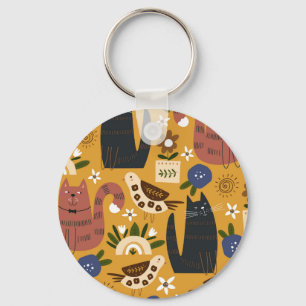 Porte-clés Chats vintages et oiseaux, Main Tirée.
