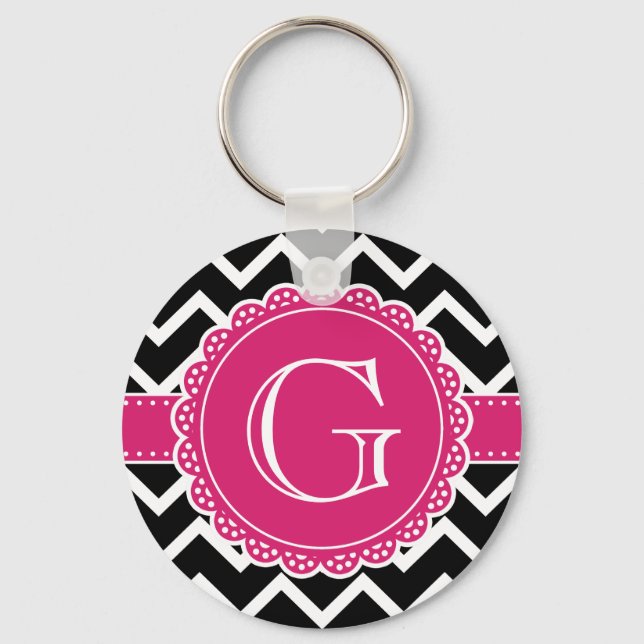 Porte-clés Chaud rose Fleur Monogramme noir Chevron (Recto)