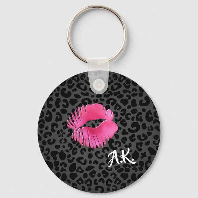 Porte-clés Chaud rose Lipgloss Kiss Black Leopard Avec Monogr (Recto)
