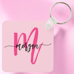 Porte-clés Chaud rose moderne Script Girl Monogramme Nom