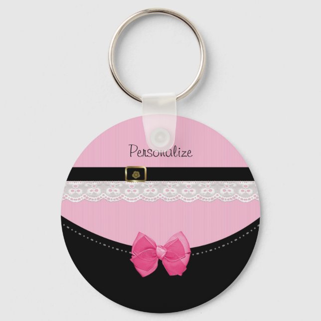 Porte-clés Chaussures bébé rose et noir avec cou et nom (Recto)