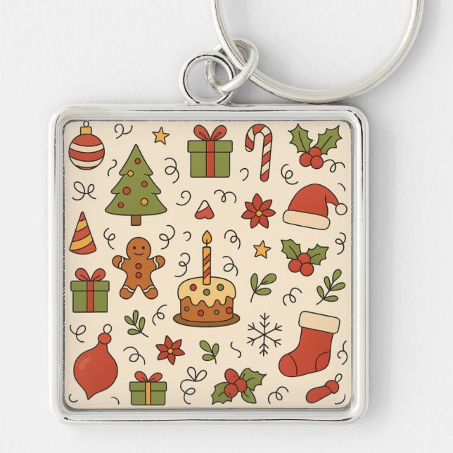 Porte-clés Cheerful Christmas Doodle Pattern (Devant)