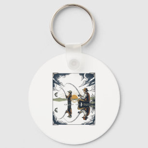 Porte-clés Chemise avec gravure vintage de père et enfant pêc