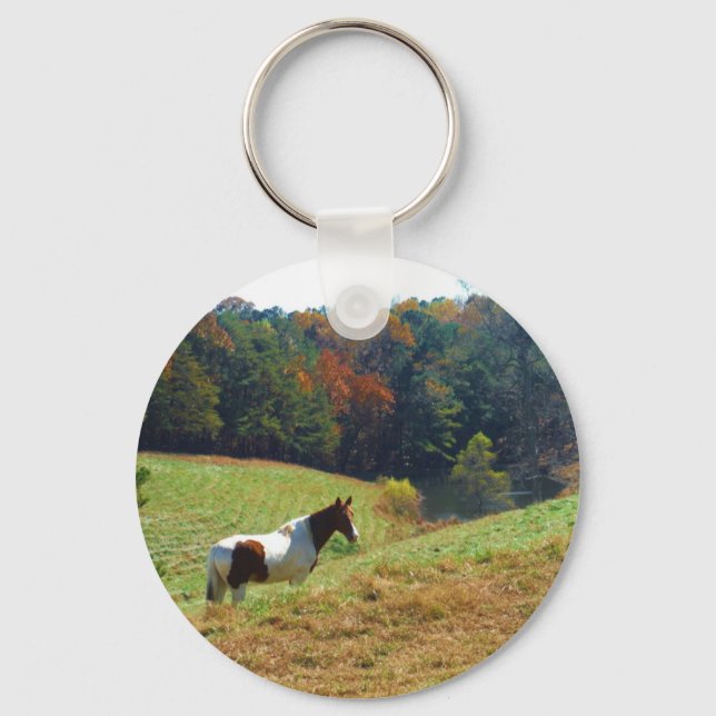 Porte-clés Cheval blanc et Brown, étang d'automne (Recto)