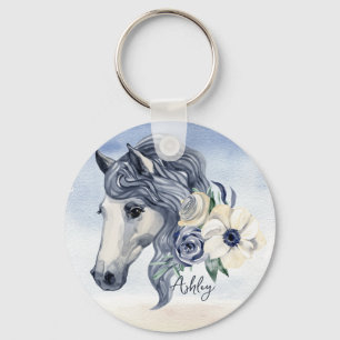 Porte-clés Cheval bleu gris avec fleurs nom personnalisé