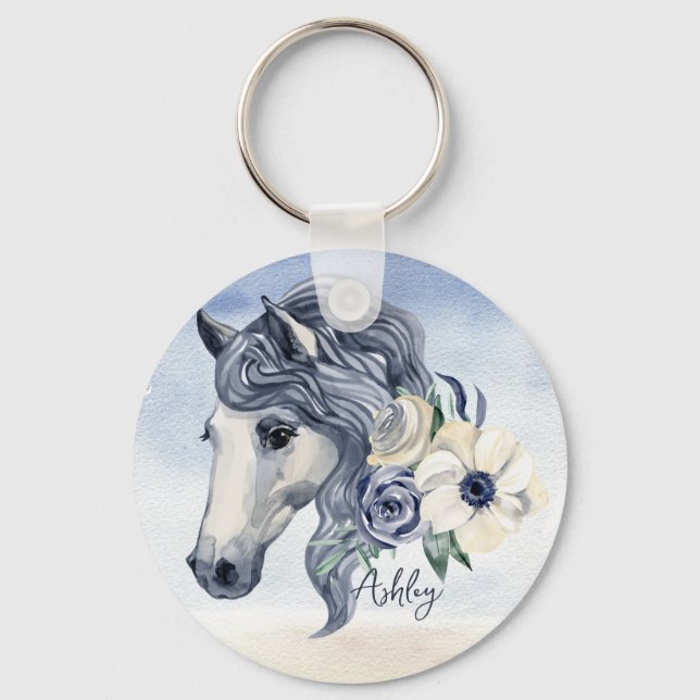 Porte-clés Cheval bleu gris avec fleurs nom personnalisé (Recto)