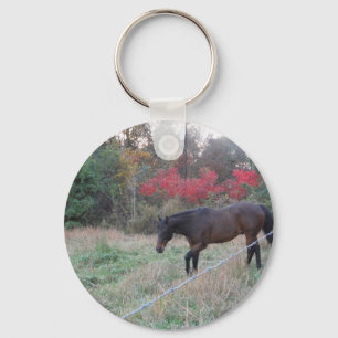 Porte-clés Cheval Brown dans les arbres d'automne rouges