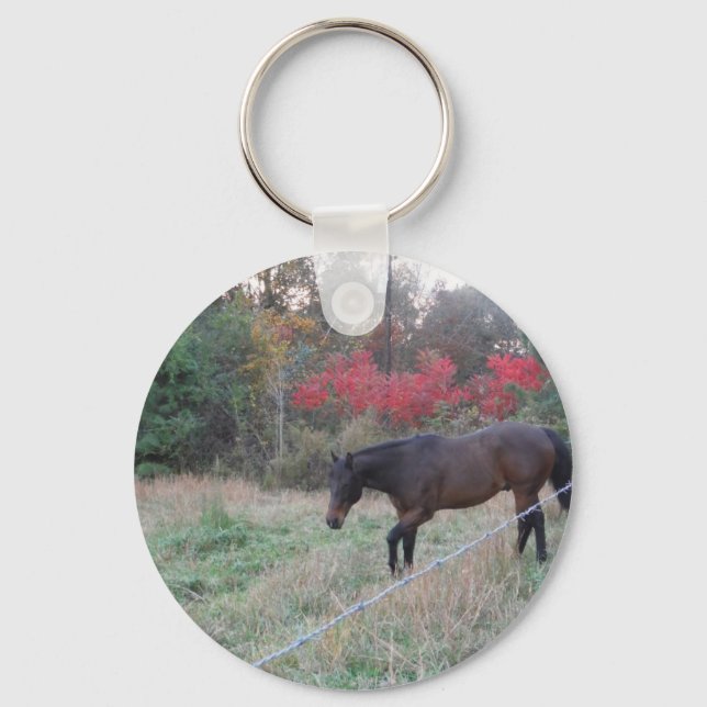Porte-clés Cheval Brown dans les arbres d'automne rouges (Recto)