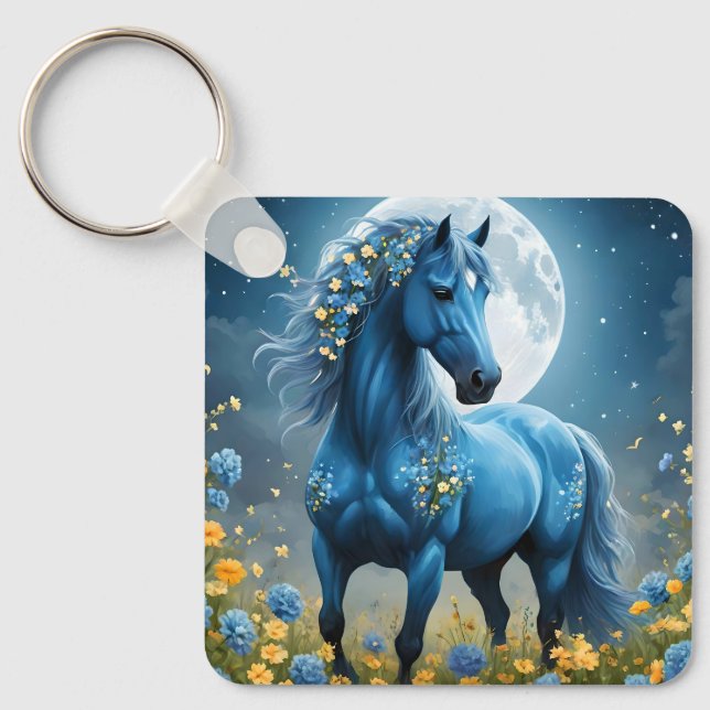 Porte-clés Cheval de fantaisie à fleurs bleues, (Recto)