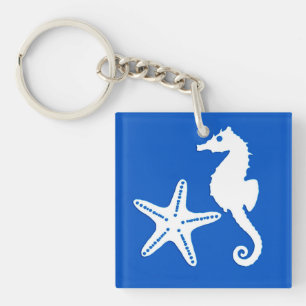 Porte-clés Cheval de mer et poisson d'eau - blanc sur bleu co