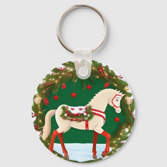 Porte-clés Cheval de Noël blanc avec couronne festive (Recto)
