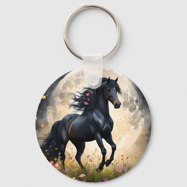 Porte-clés Cheval D'Imaginaire Noir Devant La Lune, (Recto)