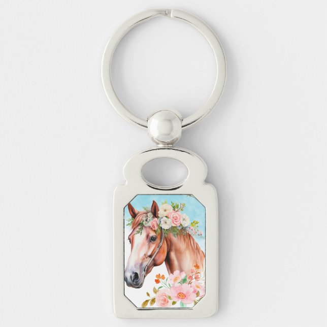 Porte-clés Cheval et fleurs à l'aquarelle (Devant)