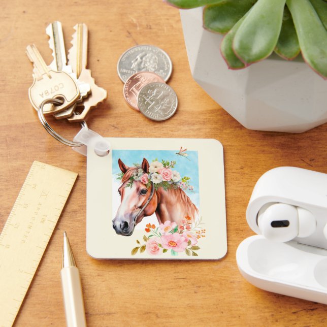 Porte-clés Cheval et Fleurs aquarelles (Bureau)