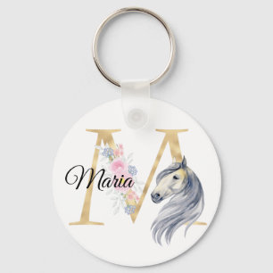 Porte-clés Cheval monogramme floral mignon nom équestre fémi