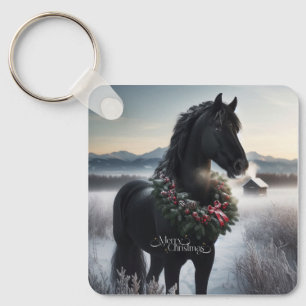 Porte-clés Cheval noir dans la neige avec couronne de Noël
