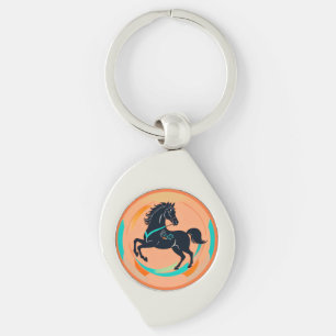 Porte-clés Cheval noir sur fond coloré
