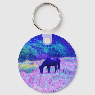 Porte-clés Cheval noir violet dans le champ Arc-en-ciel