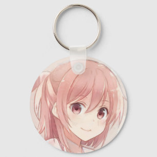 Porte-clés Cheveux rose souriant anime fille yeux rose manga