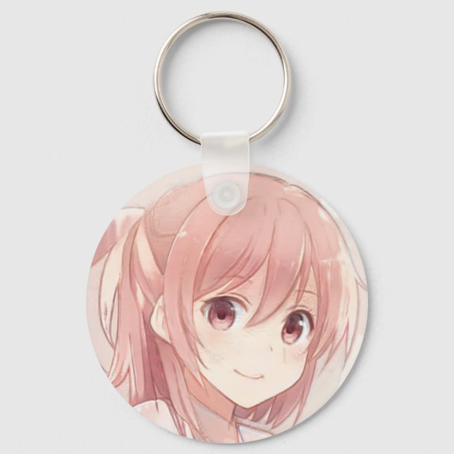 Porte-clés Cheveux rose souriant anime fille yeux rose manga (Recto)