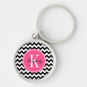 Porte-clés Chevron noir et blanc avec le monogramme rose