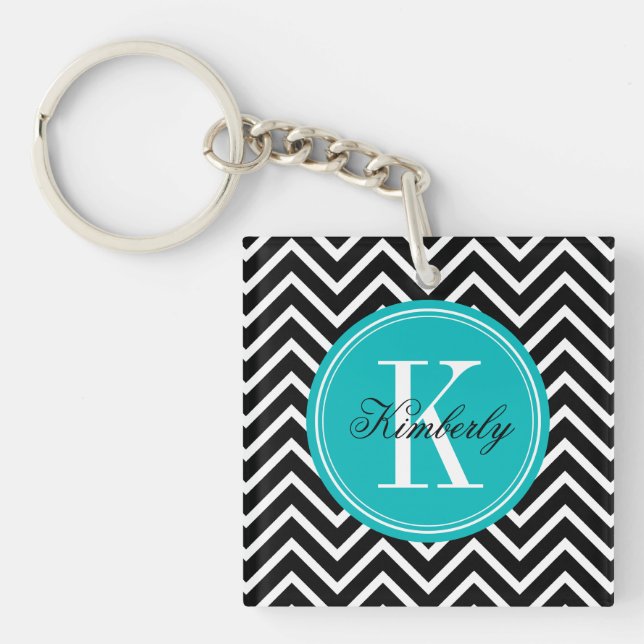 Porte-clés Chevron noir et blanc avec le monogramme turquoise (Devant)