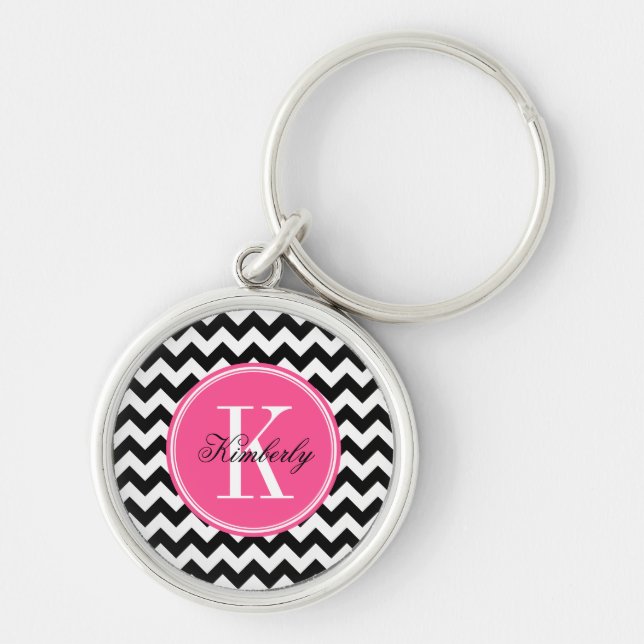 Porte-clés Chevron noir et blanc avec Monogramme rose (Devant)