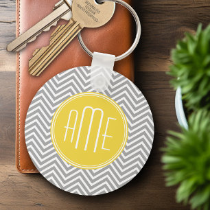 Porte-clés Chevrons gris et jaune Monogramme personnalisé