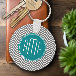 Porte-clés Chevrons turquoises au charbon de bois Monogramme