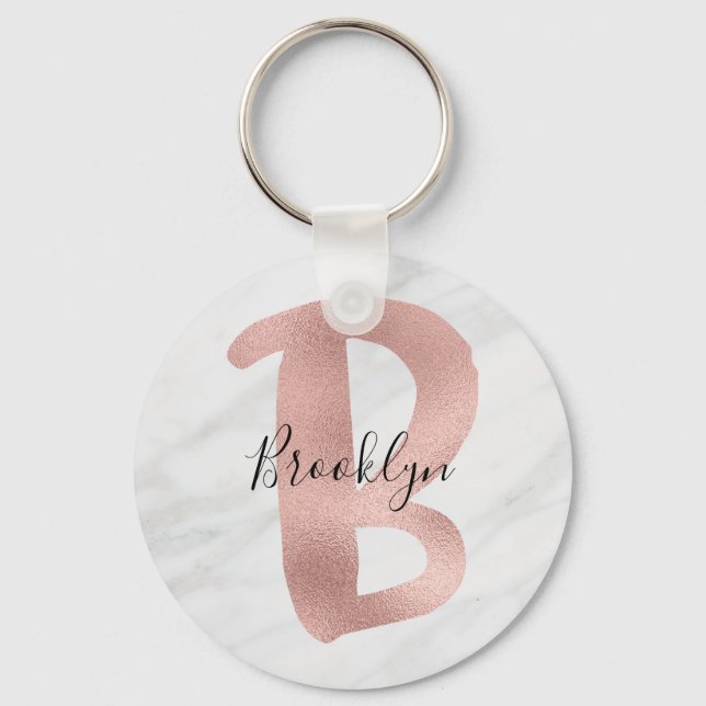 Porte-clés Chic Blanc & Gris Marbre Rose Or B Monogramme Nom (Recto)