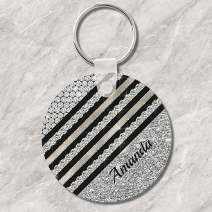 Porte-clés Chic cristal et paillettes d'argent personnalisés