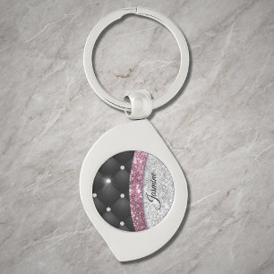 Porte-clés Chic faux argenté pailleté noir rose monogramme