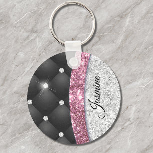 Porte-clés Chic faux argenté pailleté noir rose monogramme fé